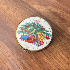 Limoges France Christmas Tree Porcelain Trinket Box‎ Cobalt Blue Joyeux Noel